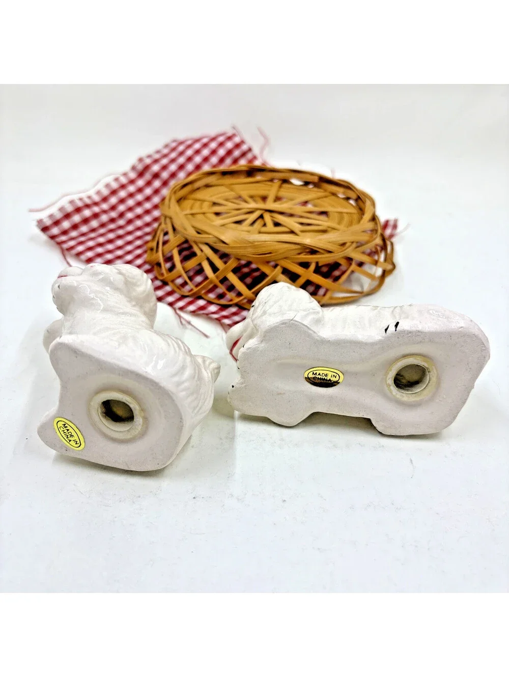 RARE Vintage Salt And Pepper Shakers Dog’s in a basket with red gingham fabric